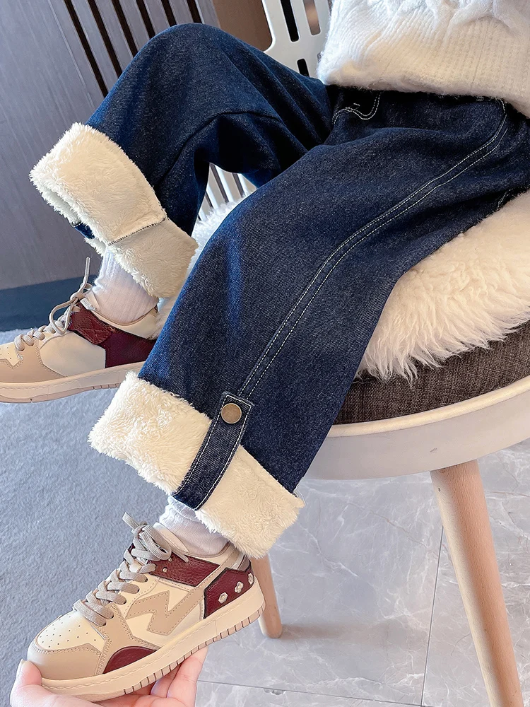 

Флисовые джинсы для девочек, осенне-зимние прямые джинсовые брюки с эластичной резинкой на талии, детские теплые повседневные брюки для девочек