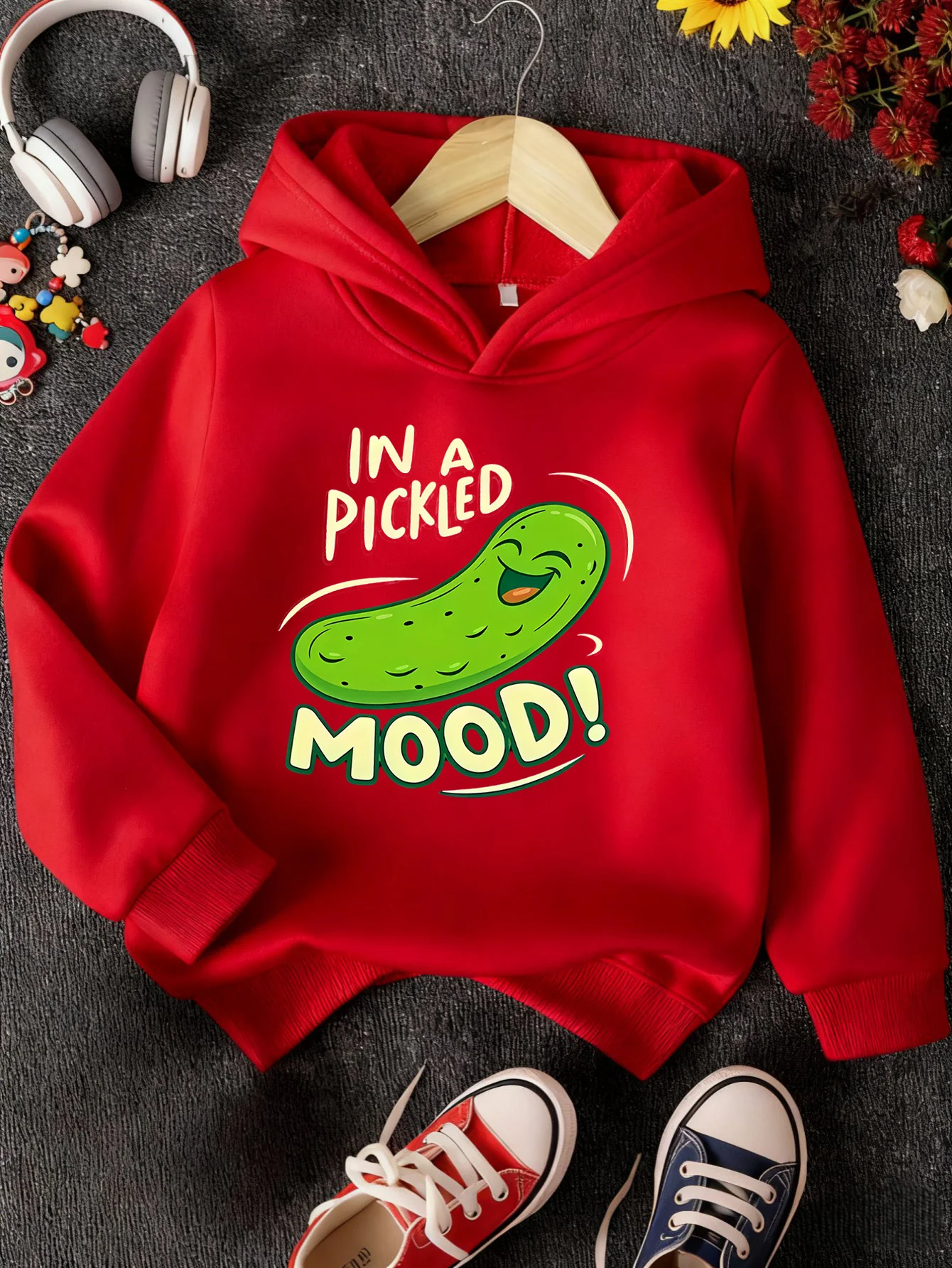 Girls' Pickled Cucumber Themed Hooded Sweatshirt | Casual Fall/Winter Hoodie With Random Print, Slight Stretch Fabric, Perfect