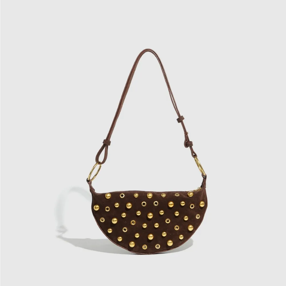 

Unique Brown Half Moon Tote Bag With Gold Studs, Fashion Shoulder Handbag For Women Street Style And Casual Looks
