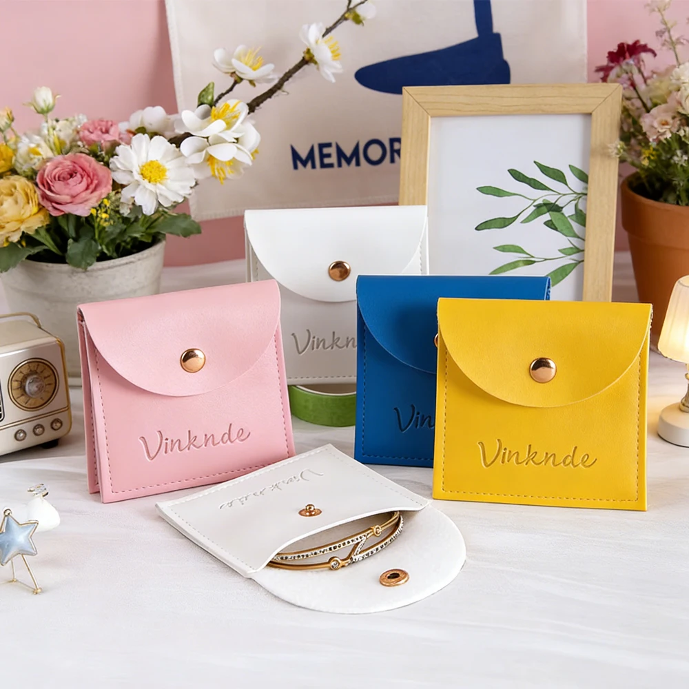 

50pcs Custom Logo 9x9cm PU Leather Bag with Gold Snap Jewelry Envelope Button Pouch Gift Rings Travel Storage Dust Portable Sack