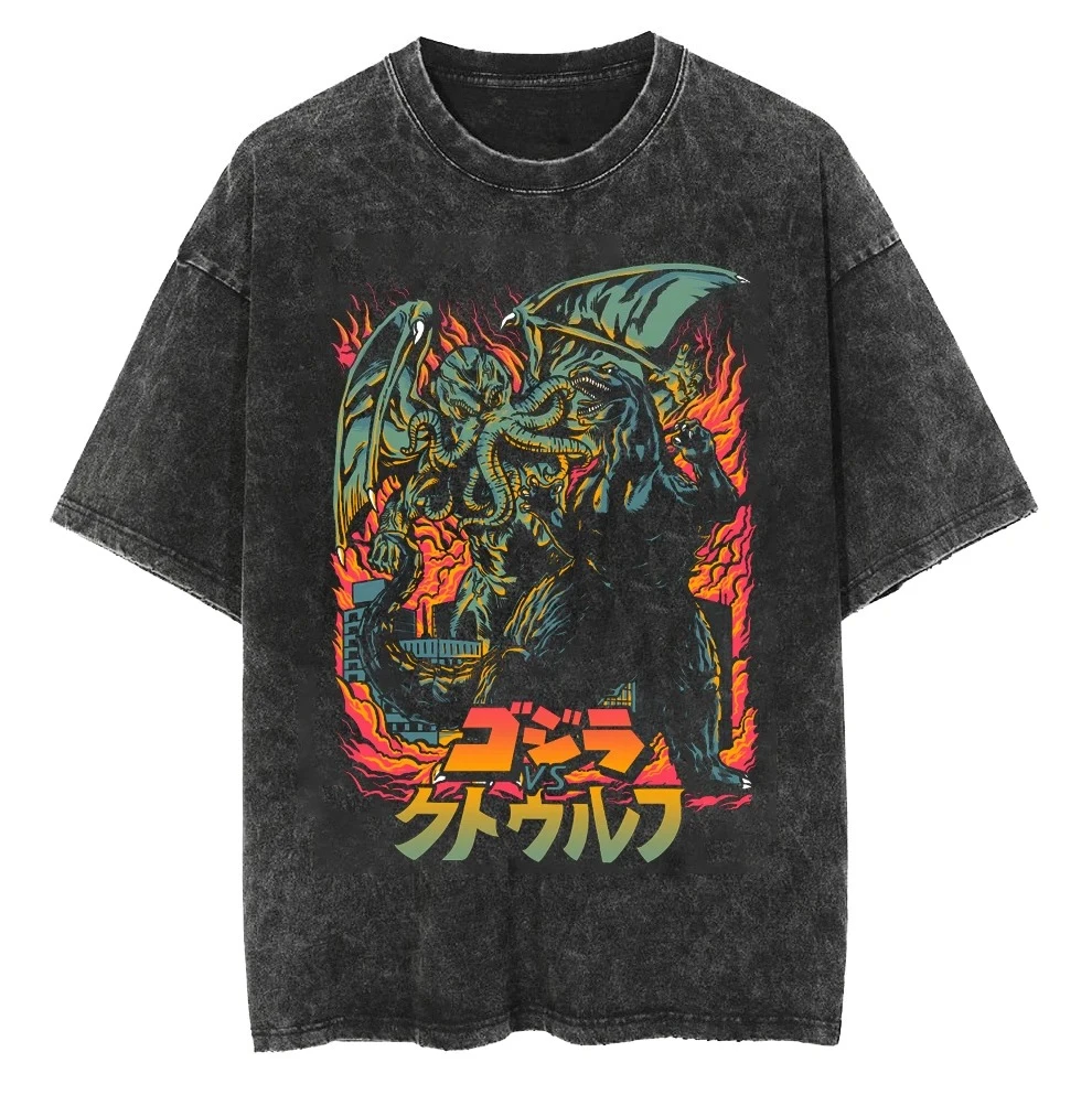 Godzilla 2026 New Hot T-Shirt Godzilla Monster Washed Old Cotton Vintage Loose T-Shirt Y2k Men T-shirt Short Sleeve Shirts - view 6