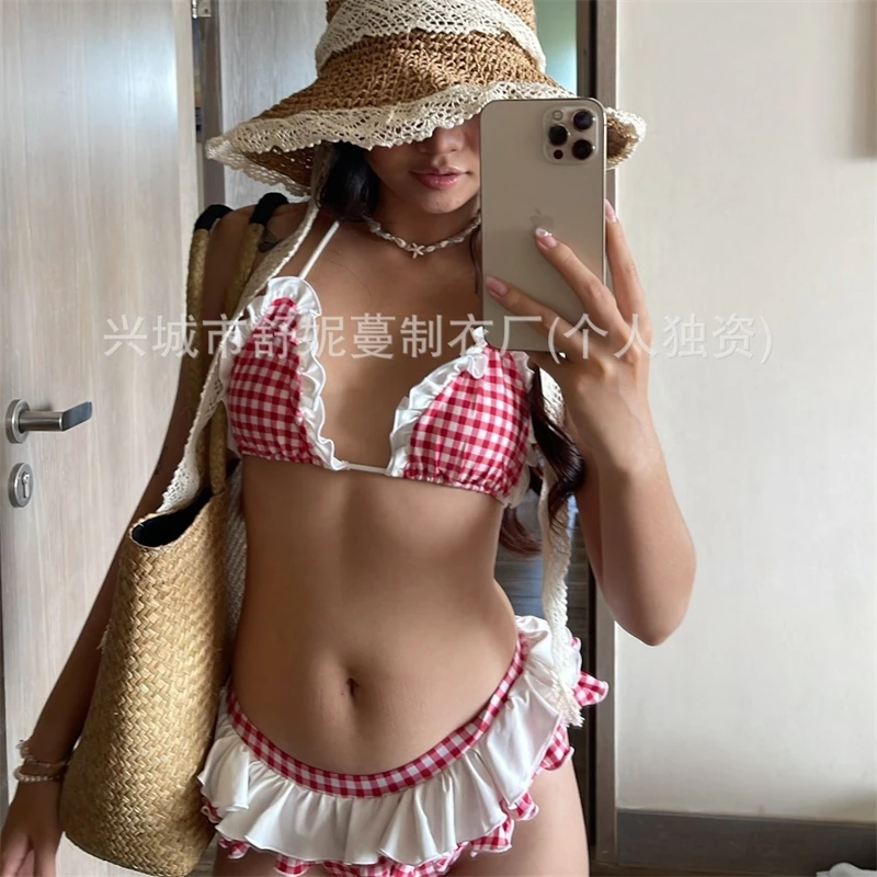 

Plaid Bikini Set For Women Halter Ruffled Hem Swimsuit Two-Piece Beach Summer Swimwear Sexy 2Pcs Fashion Beachwear 2025