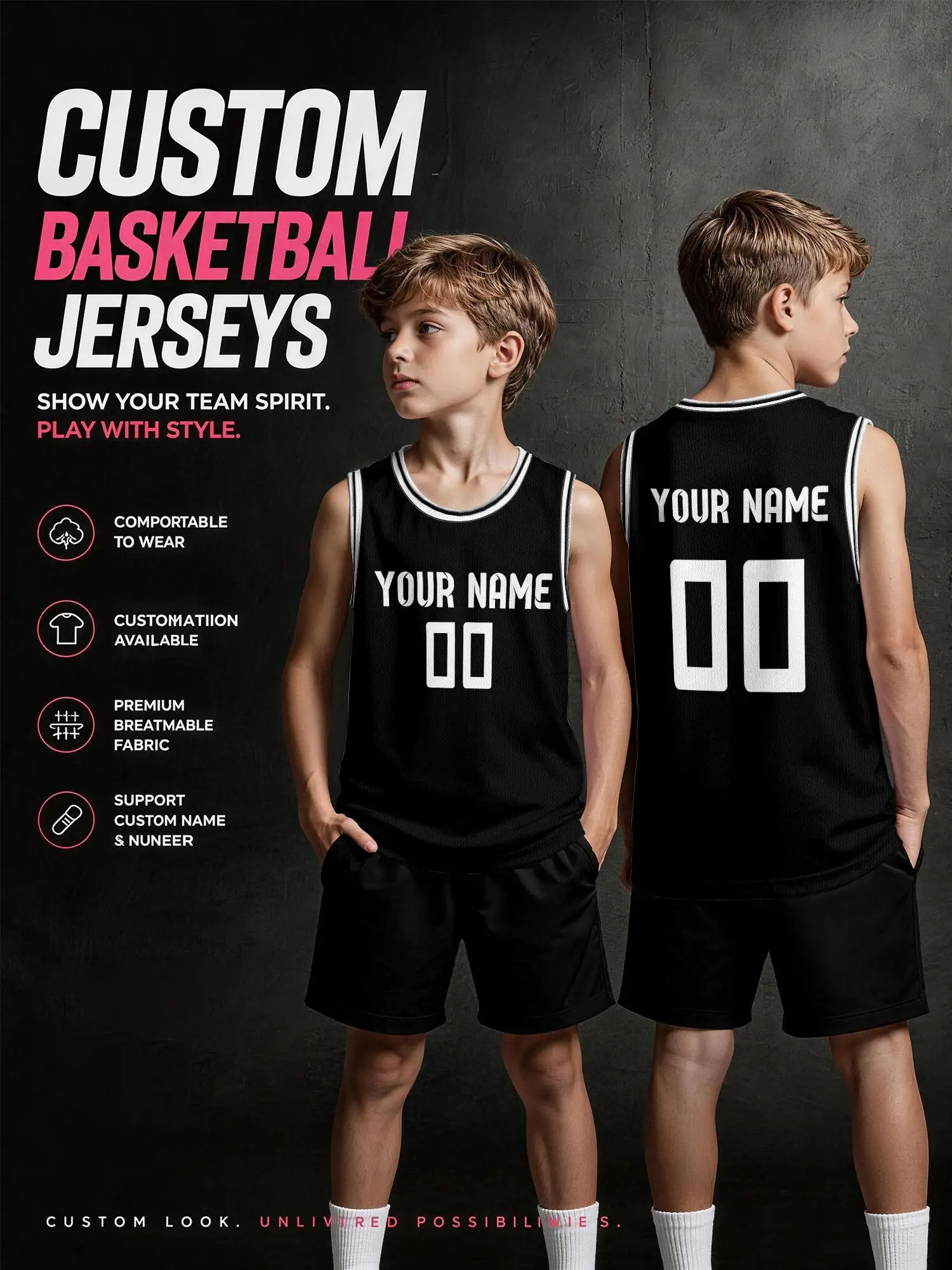 Solid color black custom basketball vest, breathable mesh jersey for adults and children, can print name and number