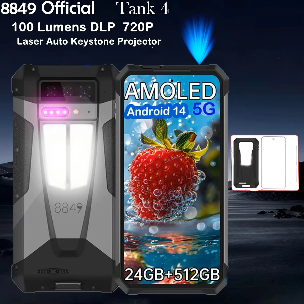 8849 Tank 4 Unihertz projecteur Smartphone robuste 720P 100 Lumens 6.78 ''AMOLED 512G Android14 11600mAh 5G dimension 7300 120Hz
