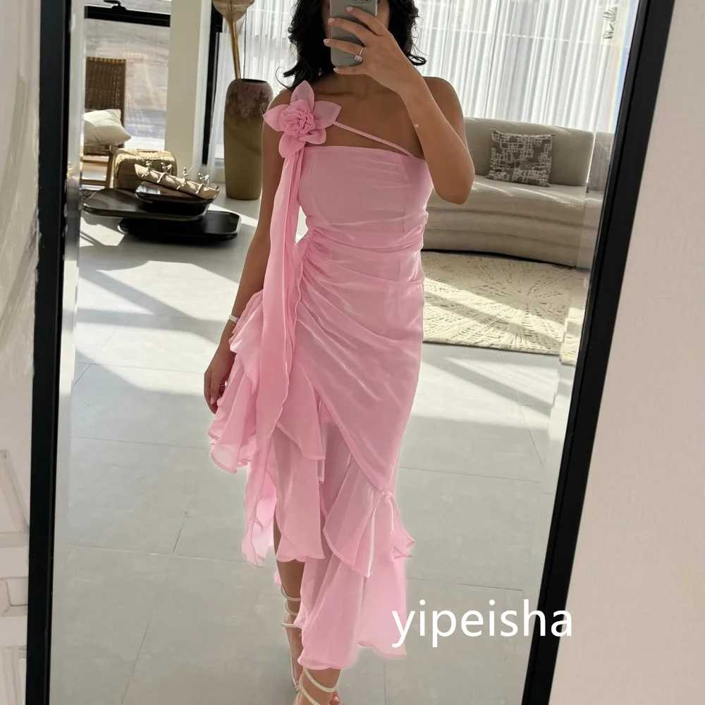 Sparkle Organza Pleat Ruched A-line One-shoulder Midi Dresses Prom Dresses Classic Exquisite Modern Style Pastrol  Chinese Style