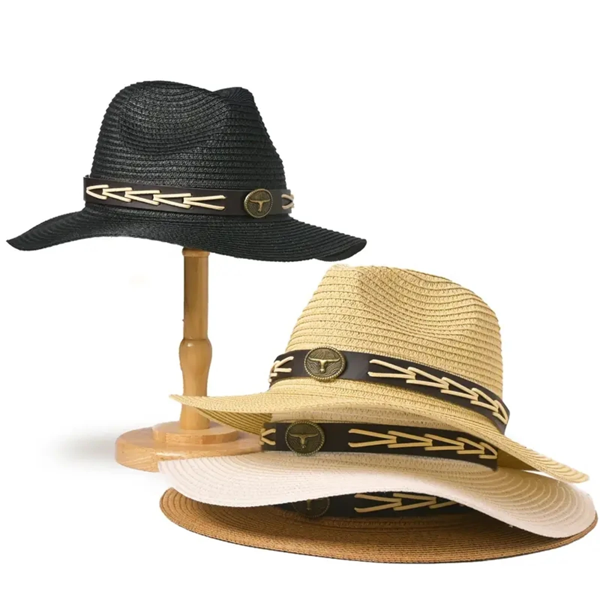 Ladies\' wide belt trim cowboy hat spring and Summer Outdoor Sun Protection Beach Sun hat folding straw jazz hat men can wear