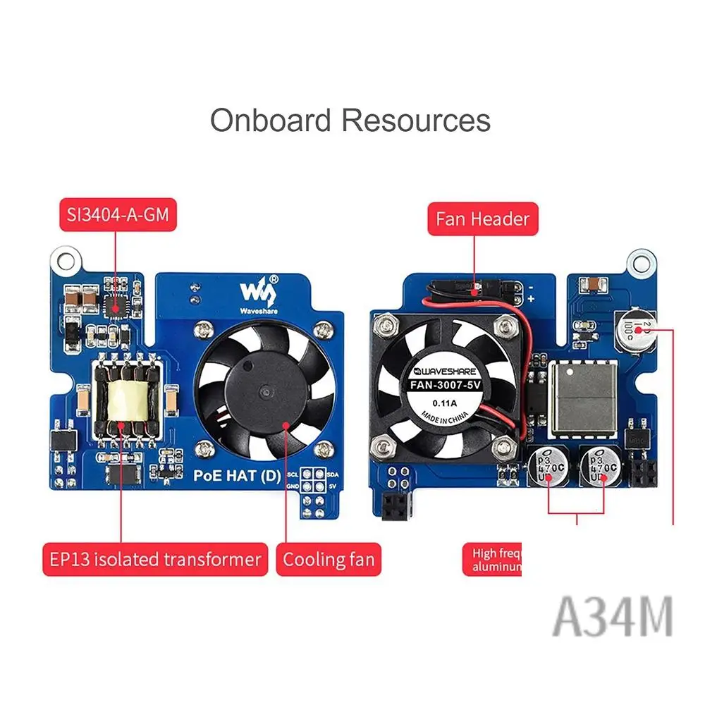 A34M-Waveshare Power Over Ethernet (Poe) HAT لـ Raspberry Pi 4B/3B+IEEE 802.3Af لوحة توسيع شبكة مروحة التبريد