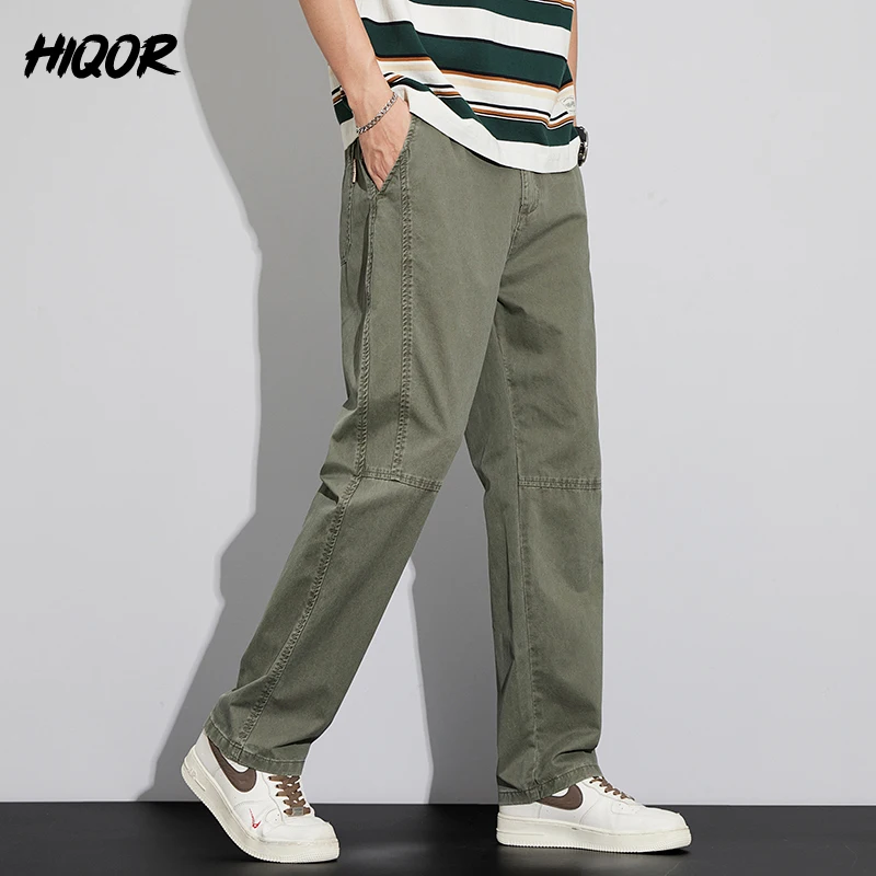 HIQOR New In 100% Cotton Baggy Straight Tooling Pants Men Outdoor Cargo Pants Man Wear-Resistant Casual Trousers For Men Hombre