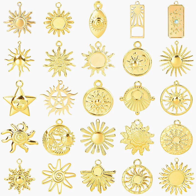 5pcs/Lot Real Gold Plated Sun Pendant Stainless Steel Charm For Jewelry Making Supplies Blank Pendants Base DIY Stone Rhinestone