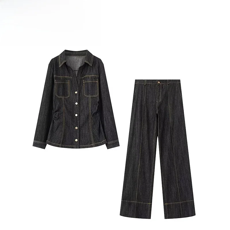 

ZBZA Spring New Women's Faionable Slim Fit Long Sve Denim irt Flared Jeans Polyester Fiber Collar Button Closure