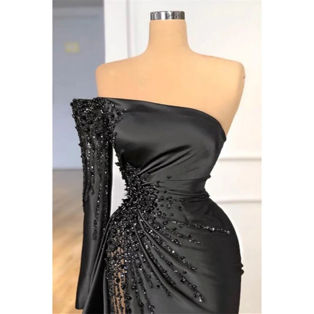 Black Sequined One-Shoulder Evening Dresses Long Sleeve Ruched Satin Trumpet Ball Gowns Sexy Side Slit Formal Bride Beach Party