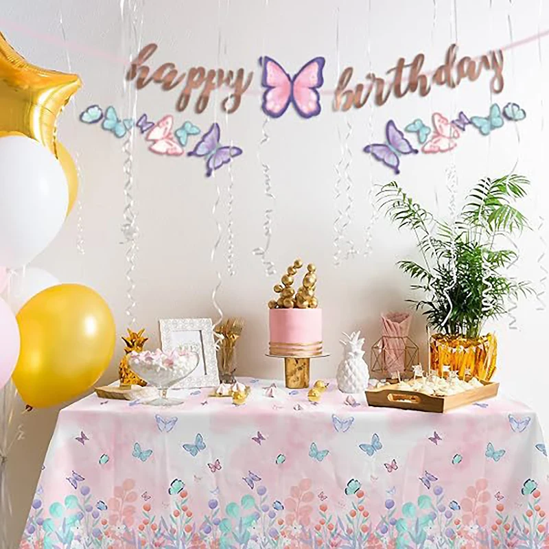 Utensílios de mesa descartáveis para festa de borboleta rosa, prato de papel, copo, guardanapo, banner para decoração de festa de aniversário de menina, suprimentos de chá de bebê