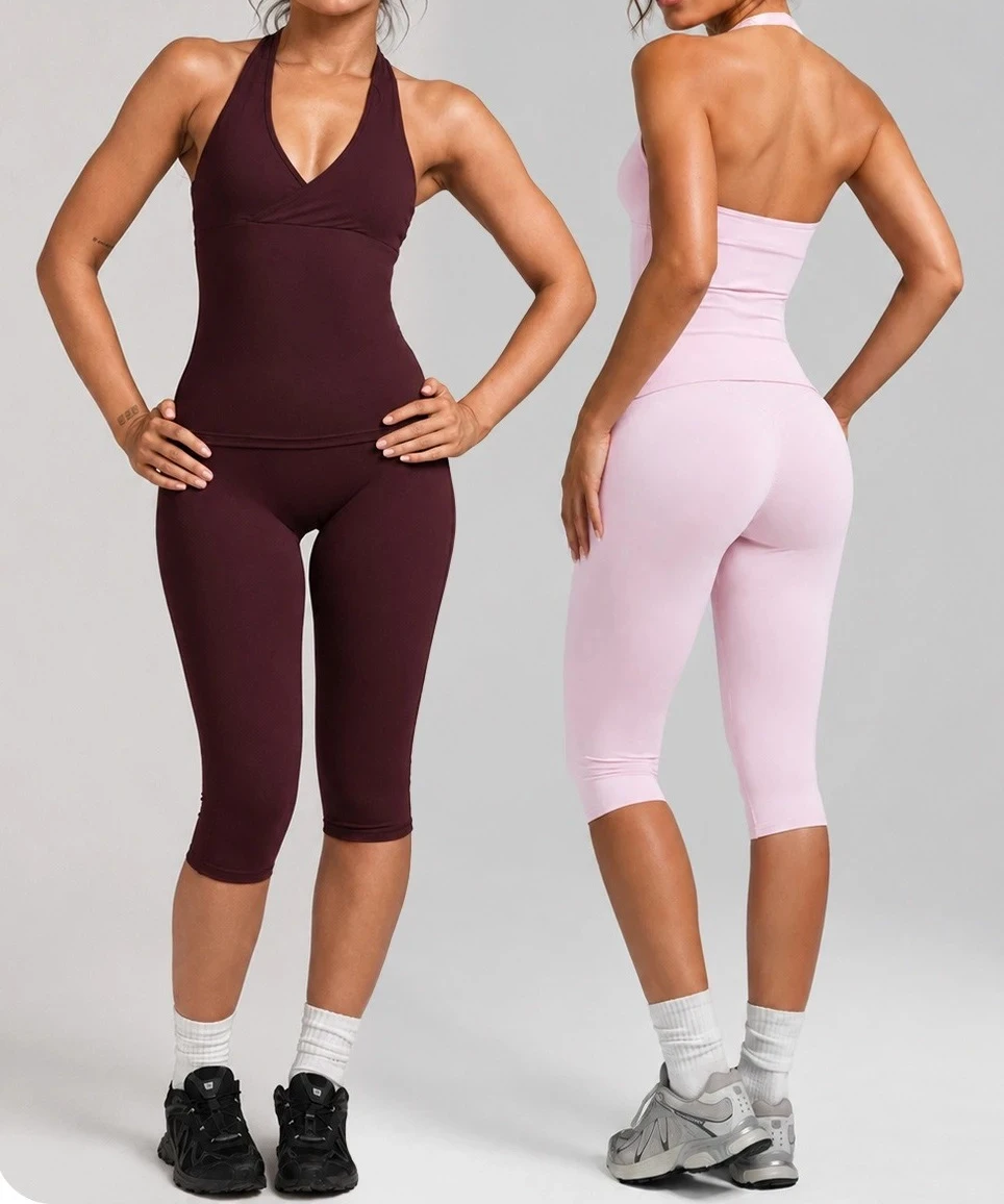 C*B Women 2 Piece Yoga Set V Neck Halter Sports Top High Waist Capri Leggings Stretch Fitness Workout Pilates Outfits