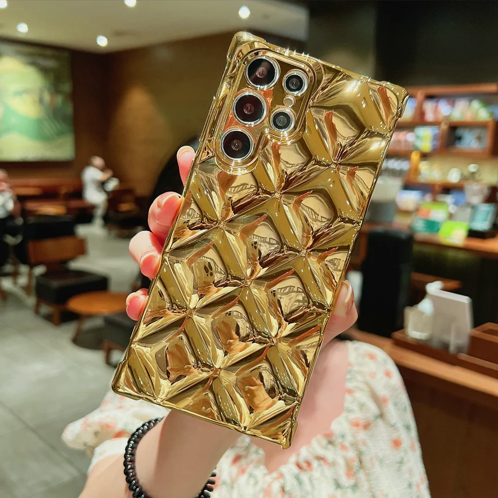 Glossy 3D Lozenge Plating Gold Silver Shockproof Phone Case for Samsung Galaxy S21 S22 Plus Ultra Soft Silicon Back Cover Coques