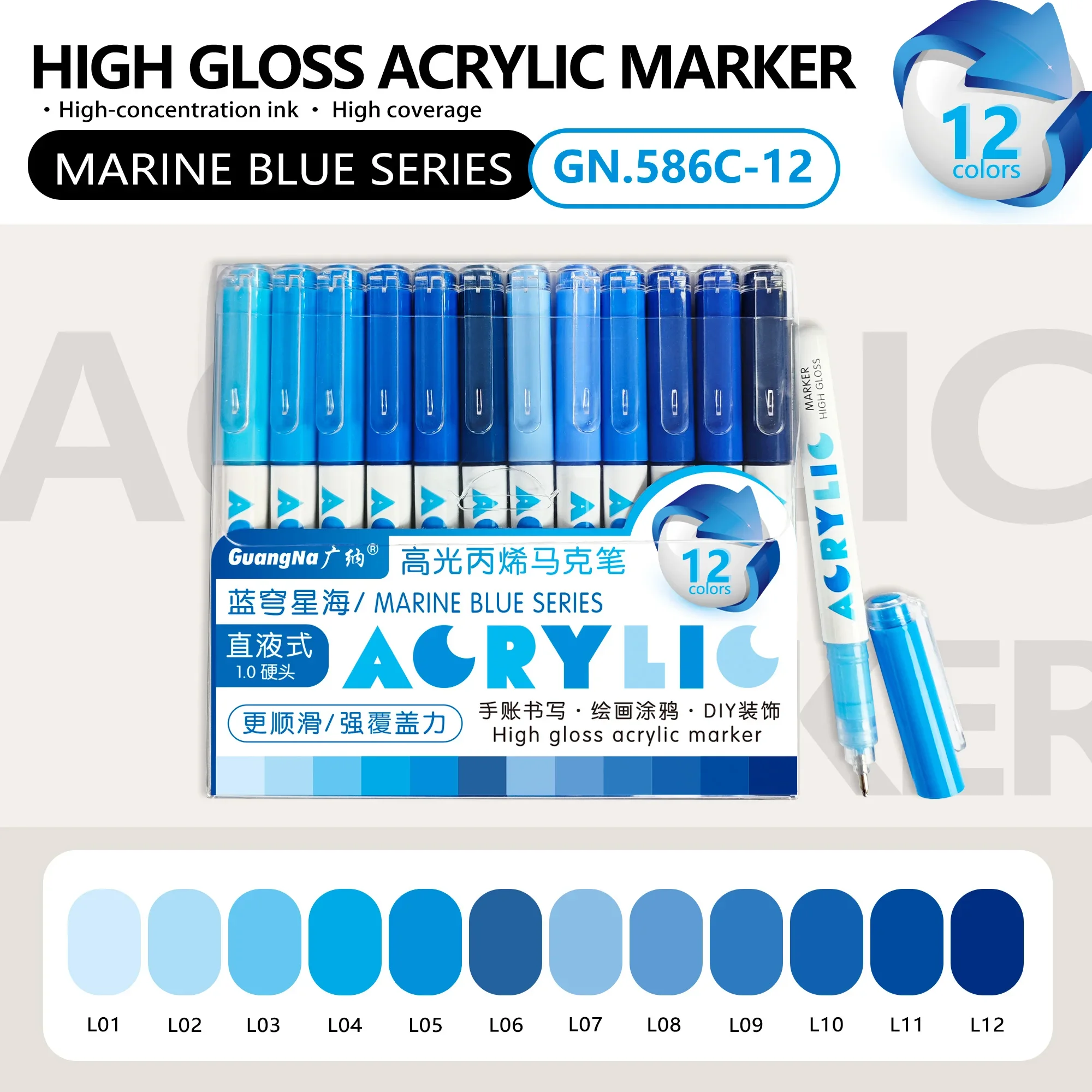 GuangNa 168/12 Kleuren Hoogglans Acrylmarker Set - Premium Direct Liquid Verfpennen voor Kunst, Schilderen, Handlettering & DIY - afbeelding 1