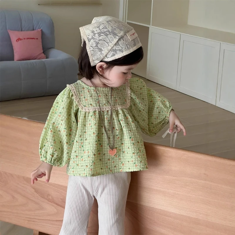 2026 Spring/Summer New Hot Selling Avocado Color Doll Collar Loose Checkered Small Flower Long Sleeve Shirt