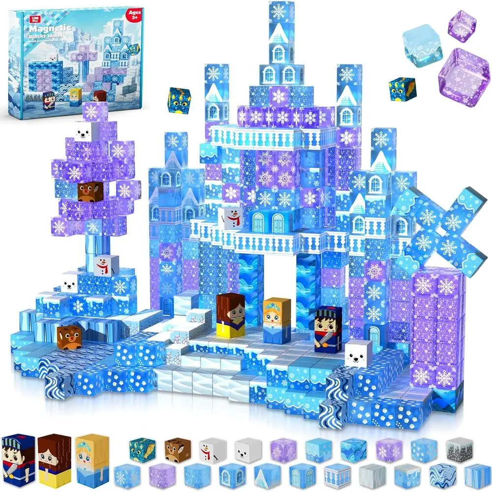 

100-Piece 0.8in Transparent Blue Magnetic Building Blocks - Princess Castle Theme for Kids 4-8, Ideal Gift for Girls 3-12