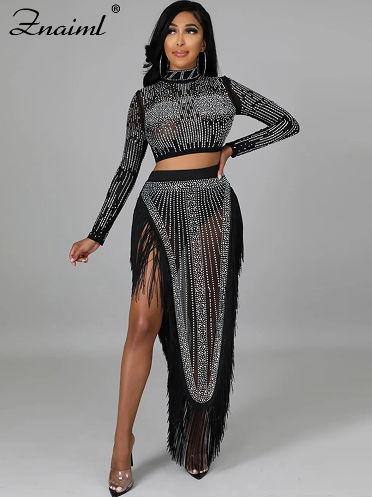 Znaiml Sexy Black Mesh Rhinestone Crop Tops and Tassel Long Skirt Two 2 Piece Women‘s Elegant Luxury Evening Party Matching Sets