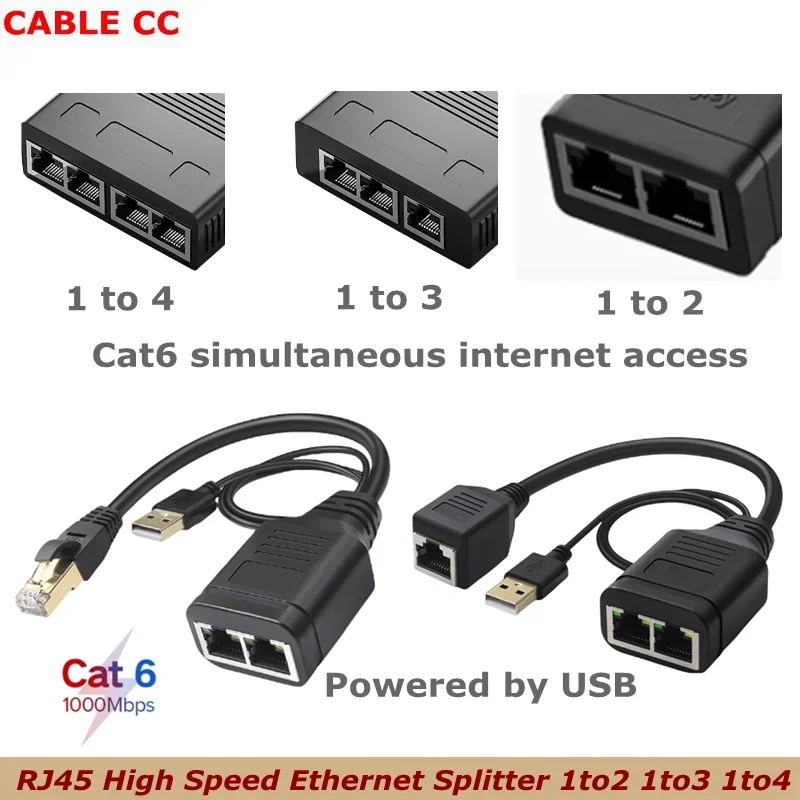 DOONJIEY Gigabit Network Splitter 1000Mbps 1 to 2 4 Ethernet Adapter CAT6 RJ45 Female Networks Divider for Router PC Laptop