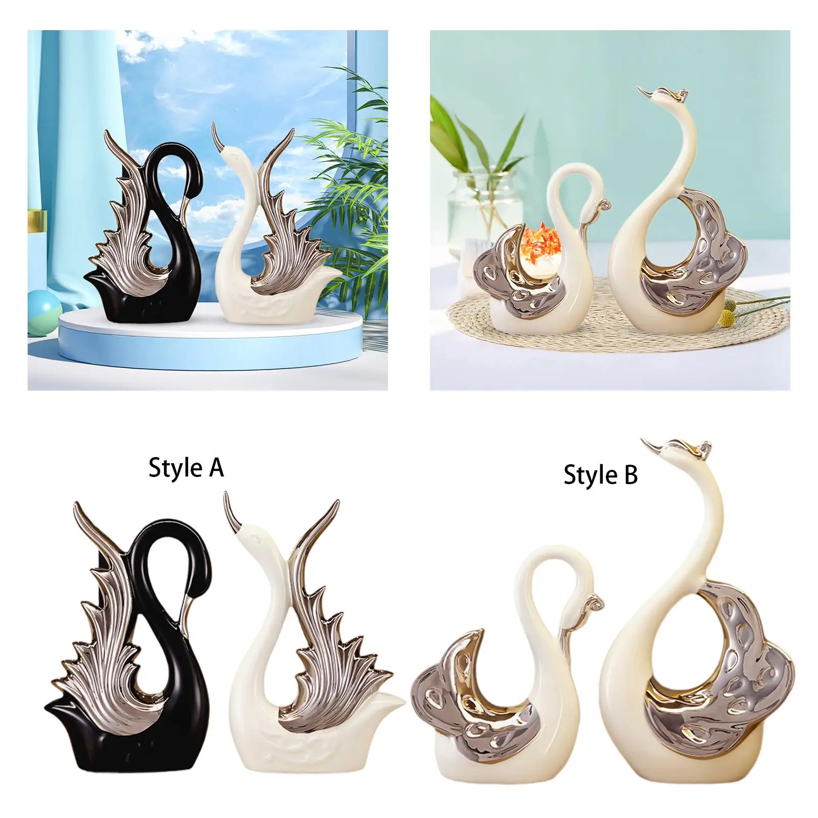 2 estatuas de cisne, escultura de cerámica, decoraciones de regalo de boda, adorno de mesa, estatua de cisne para cumpleaños, oficina, sala de estar