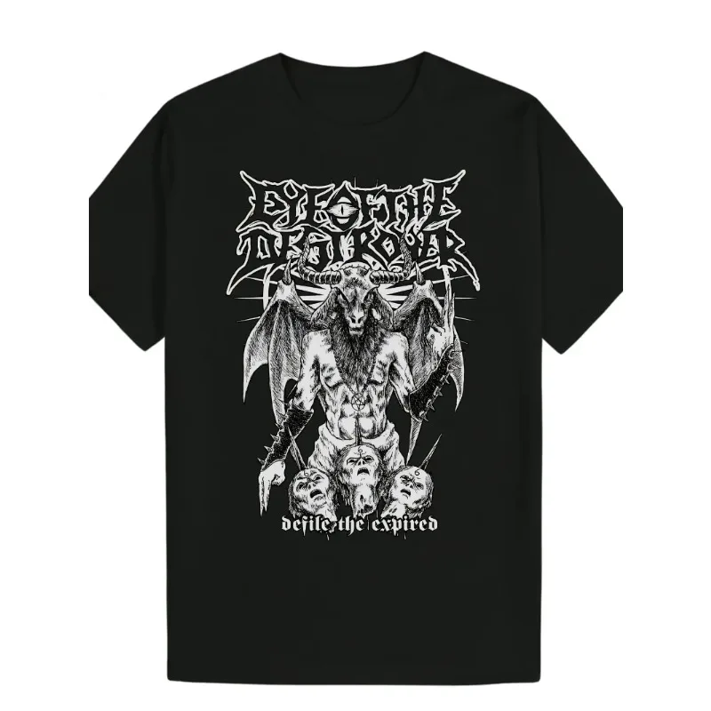 Gothic Heavy Metal Pattern T-shirt | Featuring devil and bat wing designs, with the phrase 'Defile The Expired' on it,