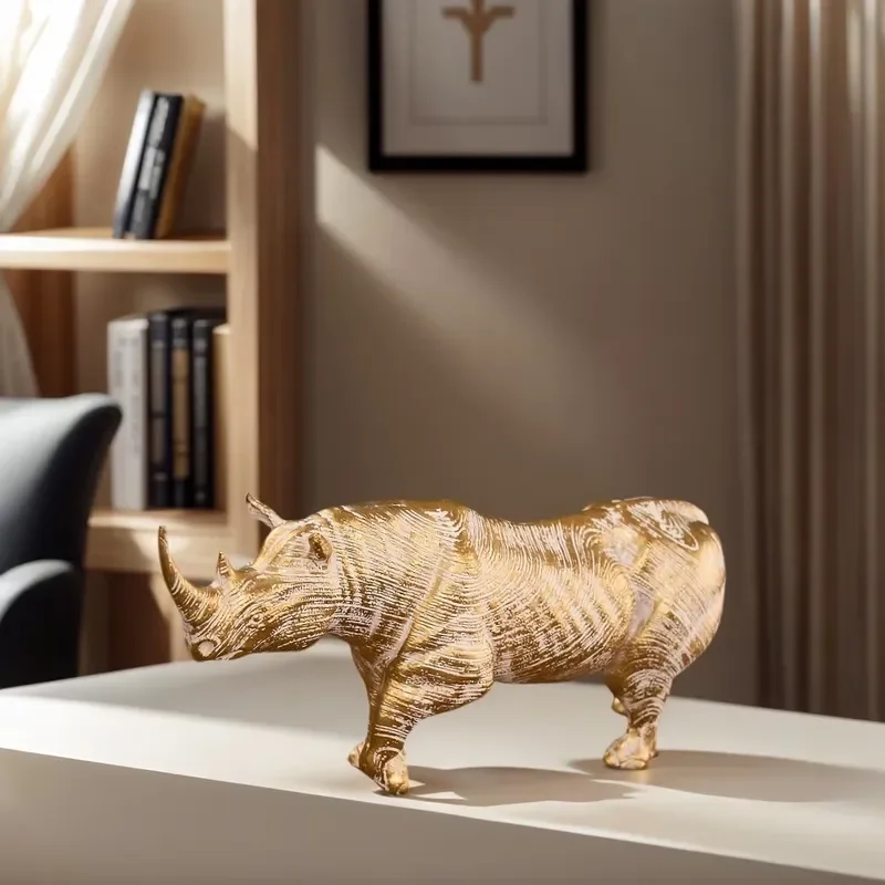 Home Decoration Light Gold Rhinoceros Resin Animal-Themed Ornaments Modern Simple Living Room Office Desktop Crafts