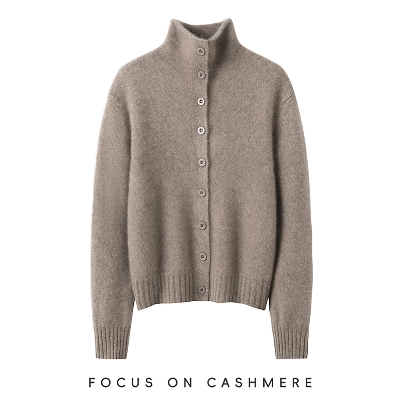 

Autumn Winter Women's 100% Cashmere High-neck Button-down Cardigan High-quality Fashion Sweater Casual Classic Warm Knit Coat