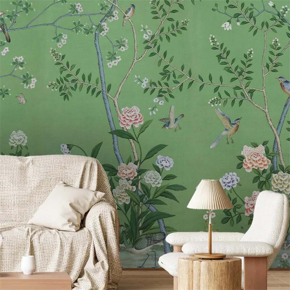 custom Green Flower Bird New Chinese Non woven Wallpaper for Bedroom Background Wall paper Light Luxury Retro Wallpaper Stickers
