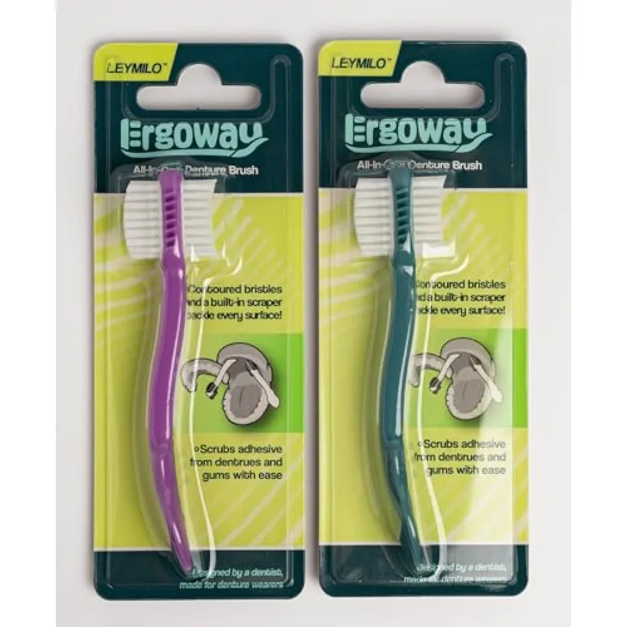 Travel Size Brush for Dentures, Retainers, Aligners, Mouthguards and Removable Dental Appliances, Built-in Soft Scraper for Adh