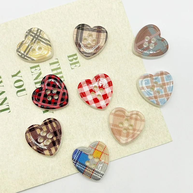 30-Pack Mixed Plaid & Heart Buttons - Whimsical 4-Hole Gear & Apple Designs for DIY Clothing, Shoes & Hair Accessories