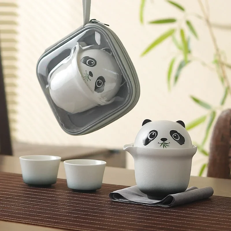 Stone Pottery Cute Panda Travel Tea Set Tea Cup Portable Set One Pot and Two Cups Fast Customer Cup Business Gift Teaware Sets
