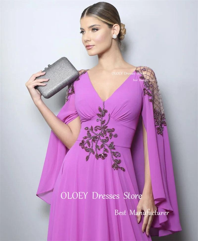 OLOEY-Vestidos largos de gasa púrpura para mujer, elegantes vestidos de noche con cuentas, Mangas de capa larga, cuello en V, vestidos de fiesta de boda formales árabes