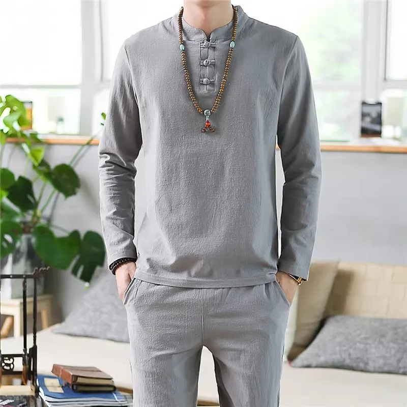 Pajama Set Men Cotton Linen Thin Sleepwear Middle Old Long Sleeve Pijama Male Large Size Loungewear Home Night Wear M-5XL