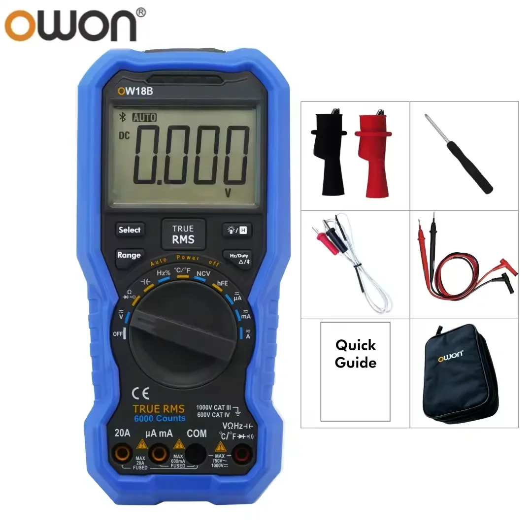 OWON OW18B Smart True RMS digitale multimeter 6000 counts Bluetooth datalogger NCV automatische bereikinstelling 1000V 20A temperatuurtester Pro