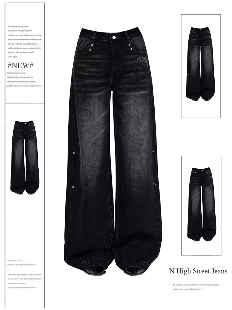 

Women Black Gothic Jeans Harajuku Y2k 90s Aesthetic Oversize Denim Trousers High Waist Cowboy Pants Vintage 2000s Trashy Clothes