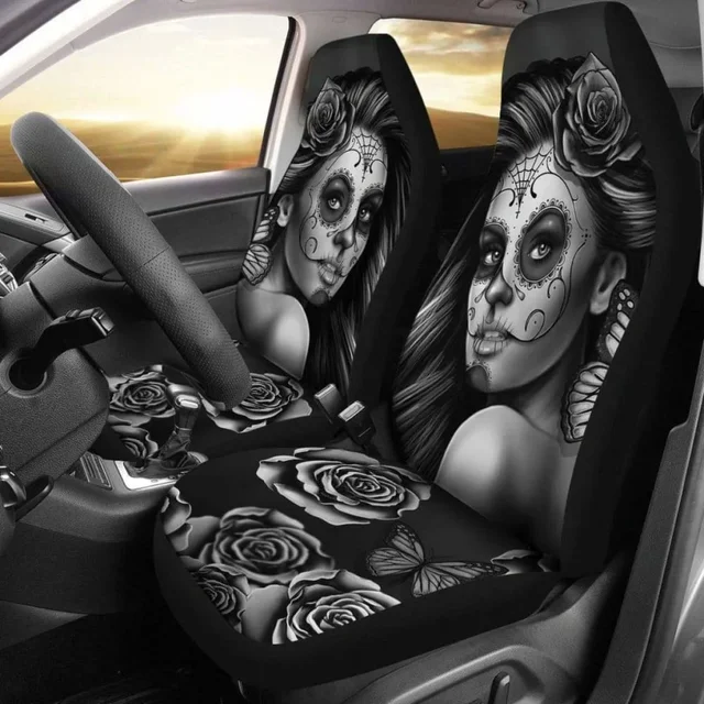 Calavera Girl B/W Car Seat Covers ,Pack of 2 Universal Front Seat Protective Cover