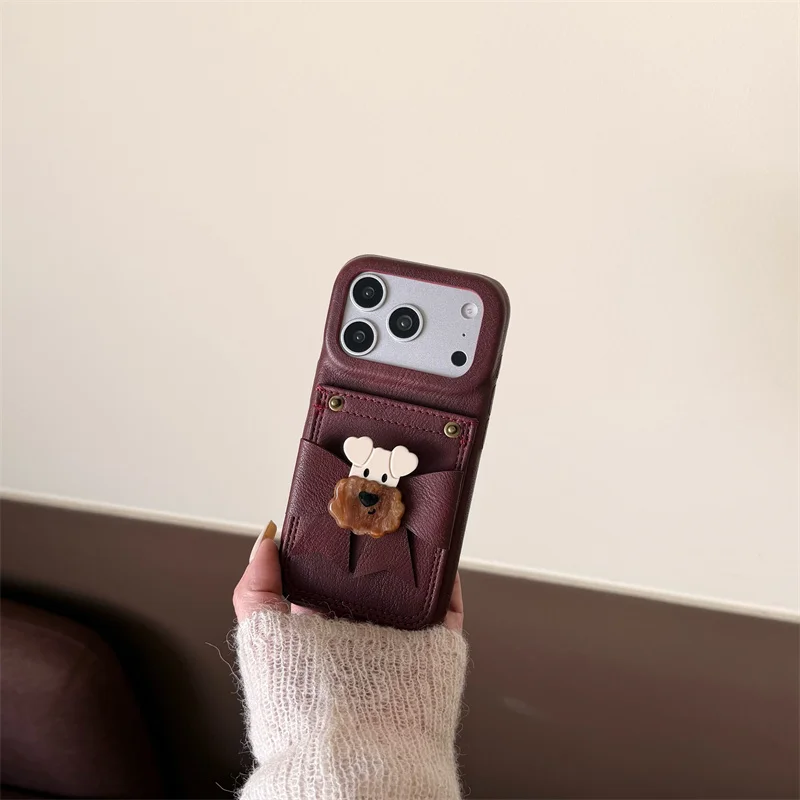 

Cute Schnauzer Dog Leather Card Holder Phone Case For iPhone 17 16 15 14 Pro Max Kawaii Bow Protective Cover for Girls