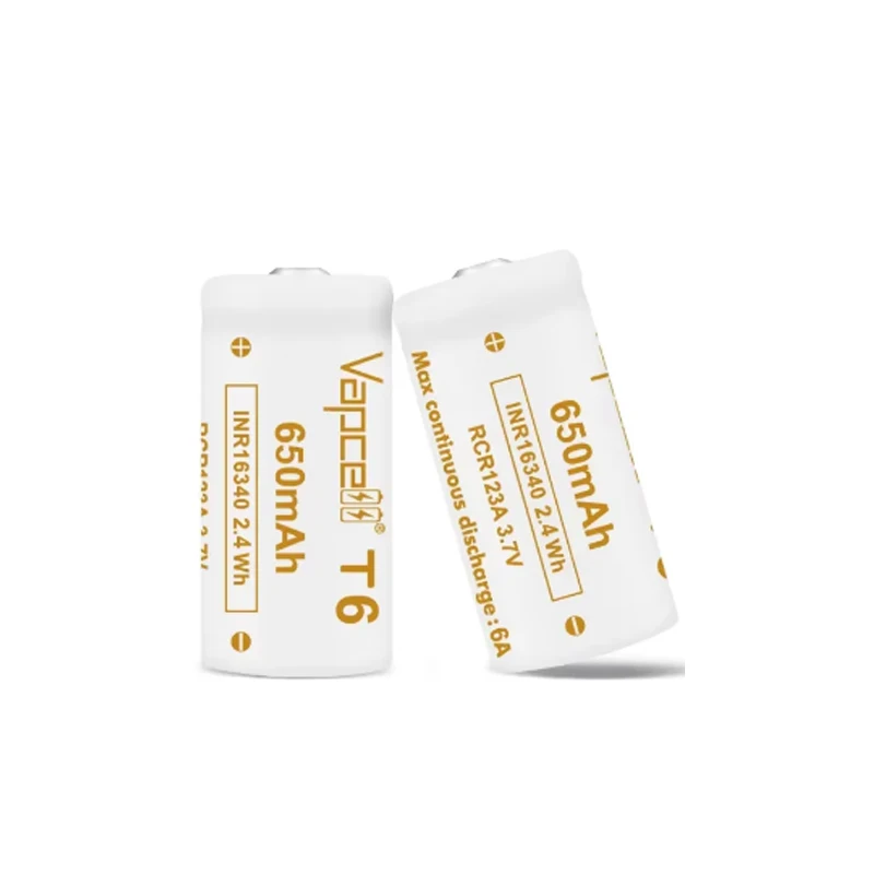 1-10 buah baterai Vapcell T6 16340 asli kapasitas 650mAh tombol 6A 3.7V baterai Lithium isi ulang baterai Li-ion