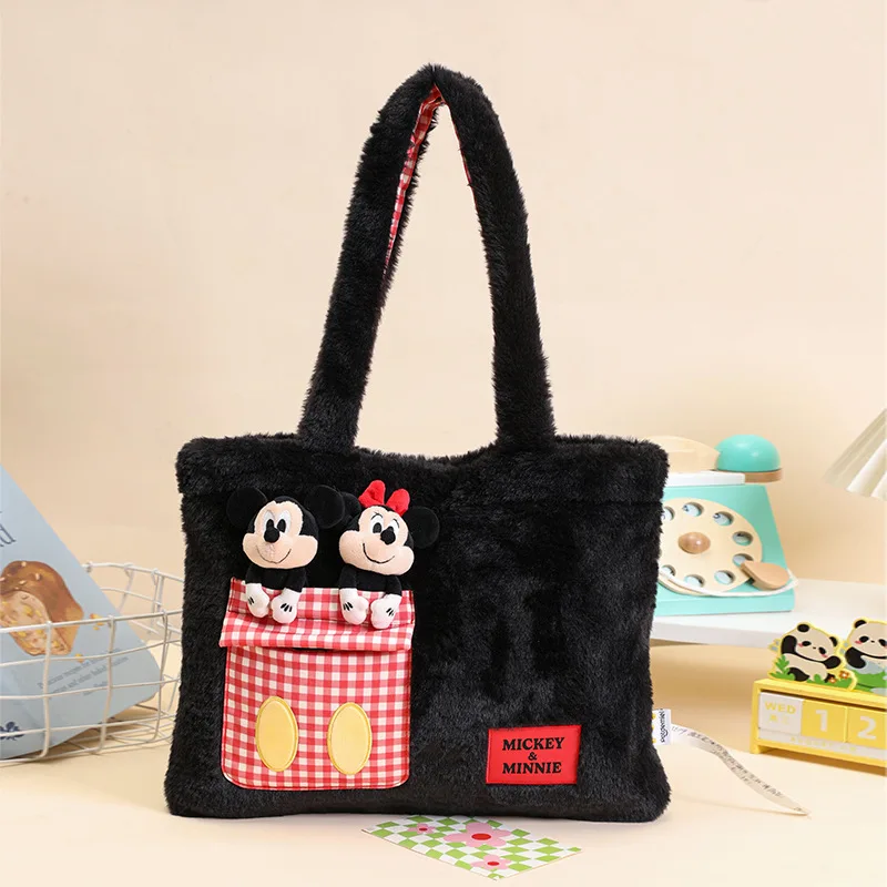 

Disney Mickey Minnie Mouse Cute Plush Tote Bag Large Capacity Soft Shoulder Bag with Pocket for Daily Use Gift for Girls