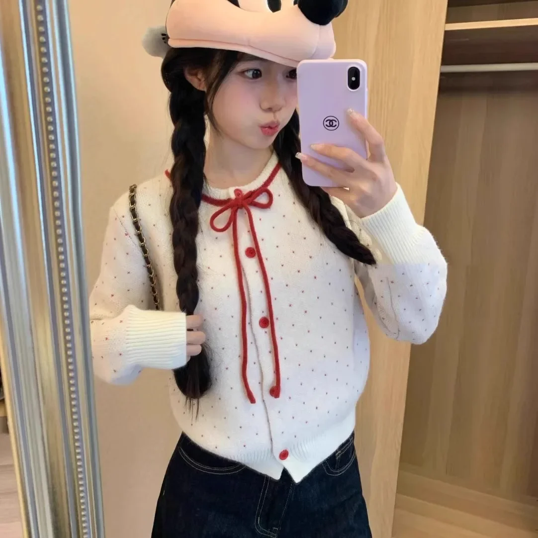 Frauen Frühling Herbst Neue Schmetterling Knoten Pullover Modische Top Französisch Polka Dot rundhals Strickjacke Kurzen Stil