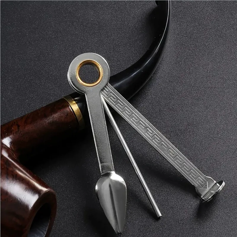 Multifunctional Stainless Steel Tobacco Pipe Cleaner Tool Tamper Pressing Rod Pass Needle Smoking Knife with Faux Leather Bag
