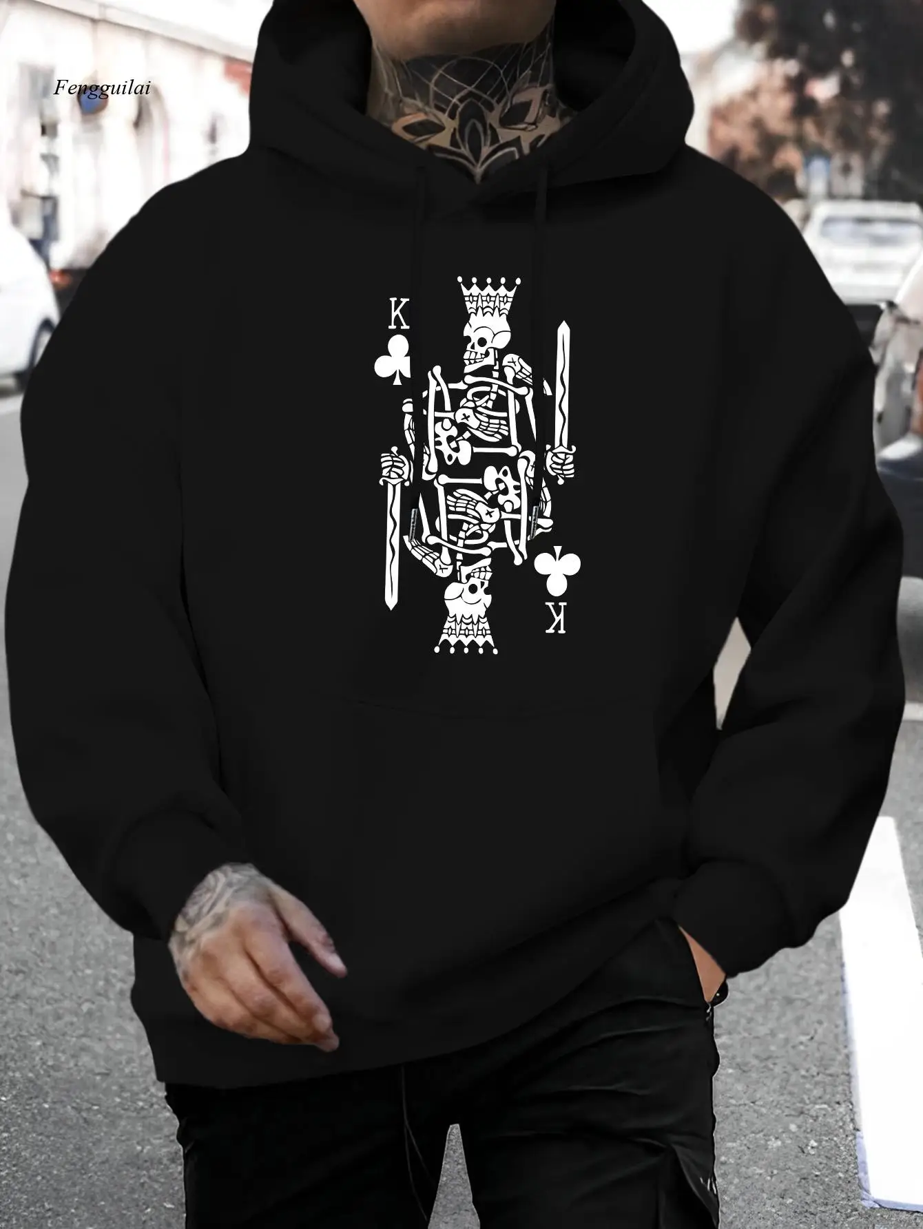 King of Spades & Card Suits Kapuzenpullover mit Aufdruck – blaues, gotisches, spanisch inspiriertes Ace of Caballeros-Design
