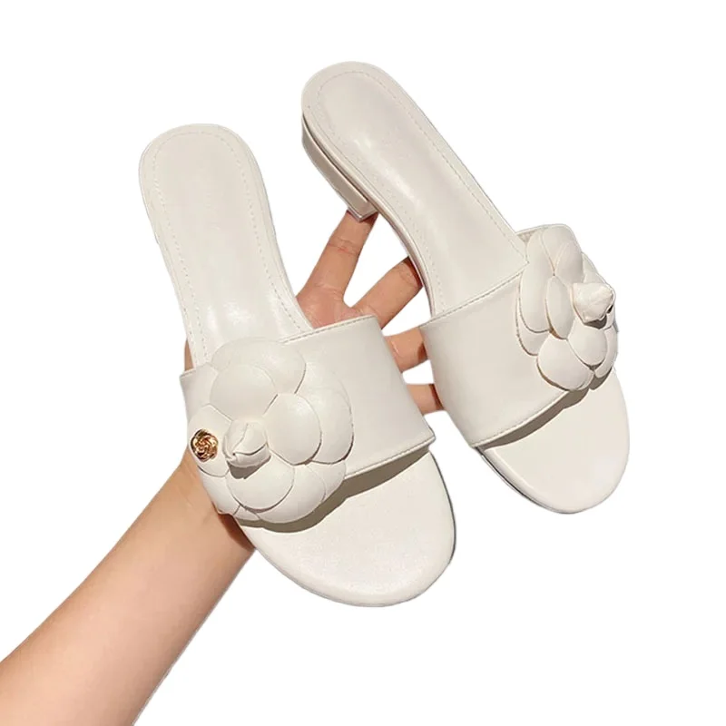 

Open Toe Slides Femme Outside&Home Pantuflas Sandals Ladies Flip Flops High End Luxury Flower Slippers Women Camellia Shoes