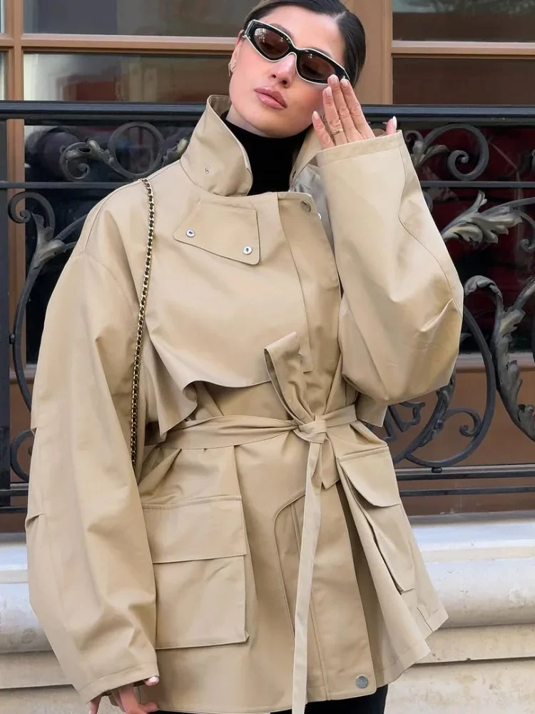 Spring and Autumn Simple European and American Outfit Double-Sided Hand Sewn Cape Windbreaker Women
