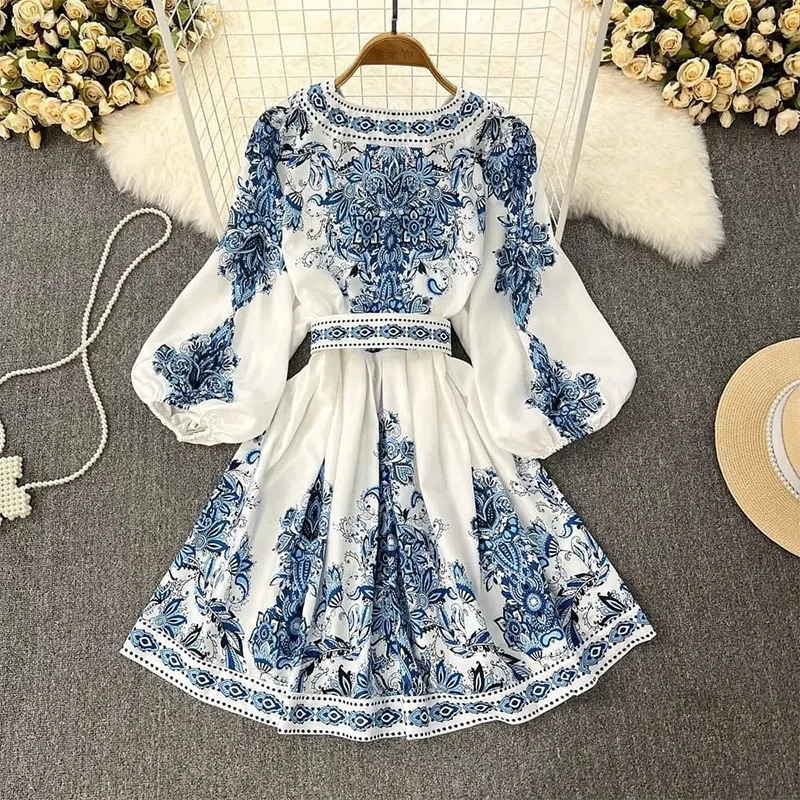 Elegant Women\'s Spring And Autumn Blue Print V-neck Lantern Sleeve Retro Dress Fashionable Long Sleeved Bohemian Midi Dresses