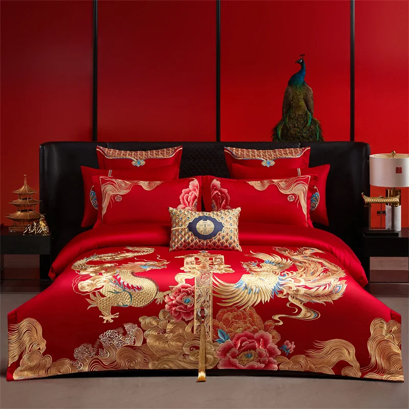 Luxury Chinese Style Wedding Flower Dragon Phoenix Embroidery Bedding Set 100% Cotton Duvet Cover Bed Sheet Pillowcases 4/6/9Pcs