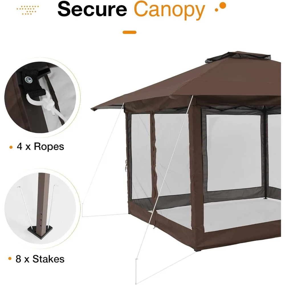 Imagem -03 - Outdoor Pop up Gazebo Tenda com Telhado Duplo Ventilado Canopy com Paredes de Rede Brown para Jardim Quintal 13x13ft