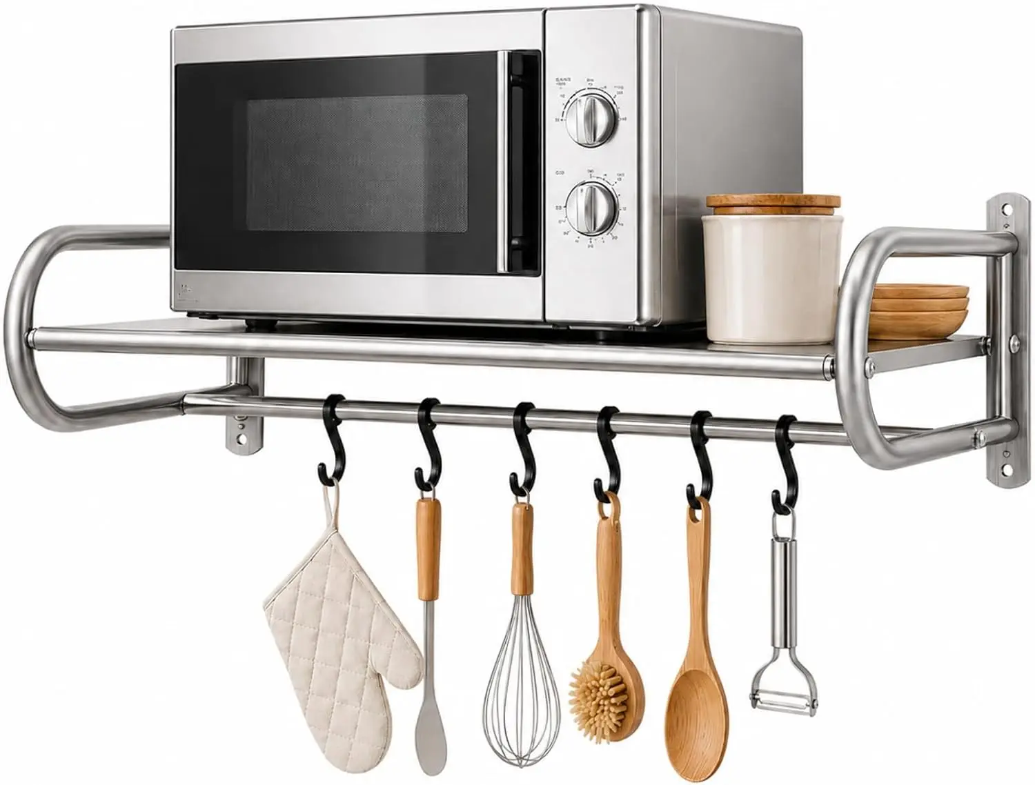 Wall-Mounted Microwave Shelf in Silver, Stainless Steel Rack Featuring 8 Hooks