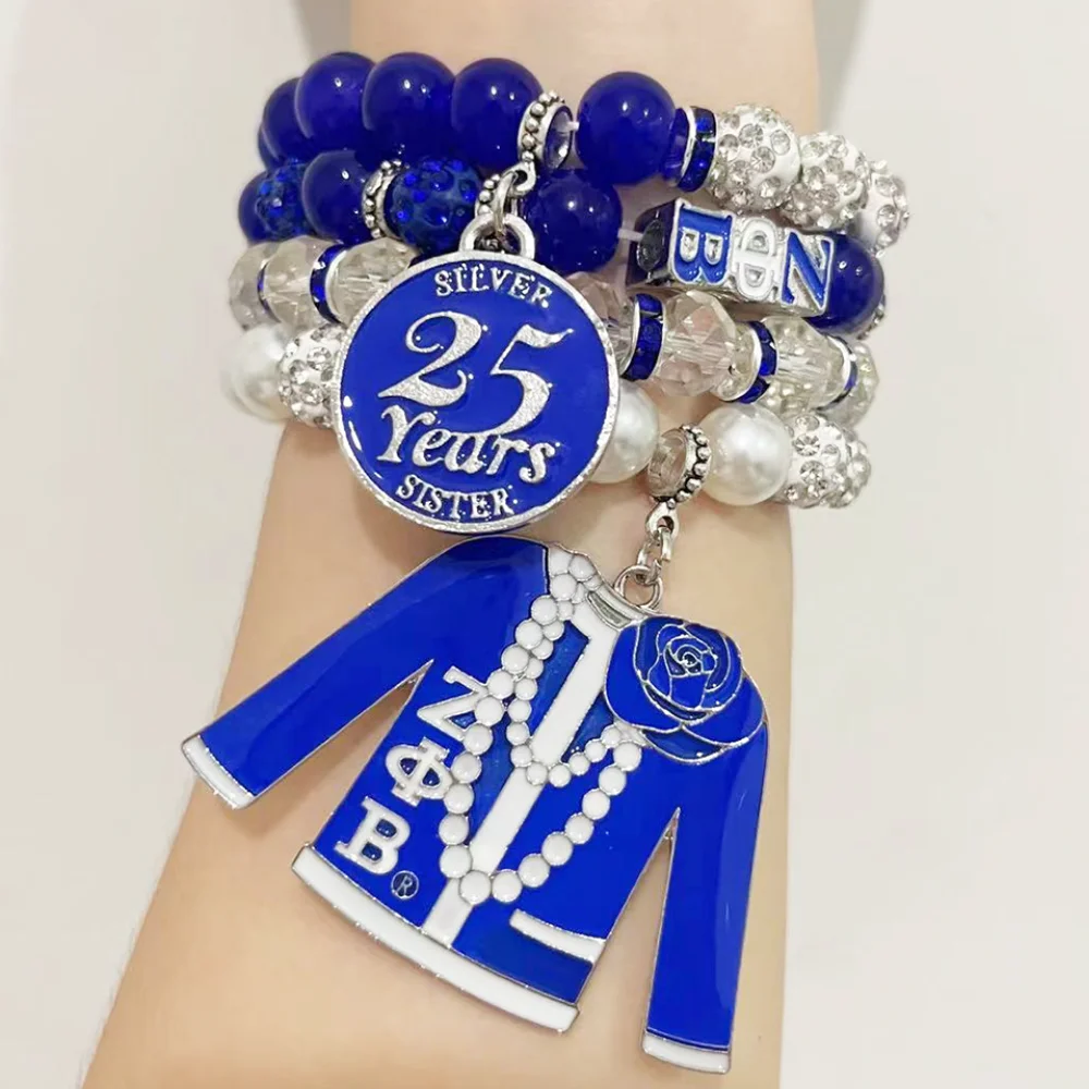 Zeta Phi Beta Blue White Beads Silver 25 Years Sister Sweater charms Bracelet Set
