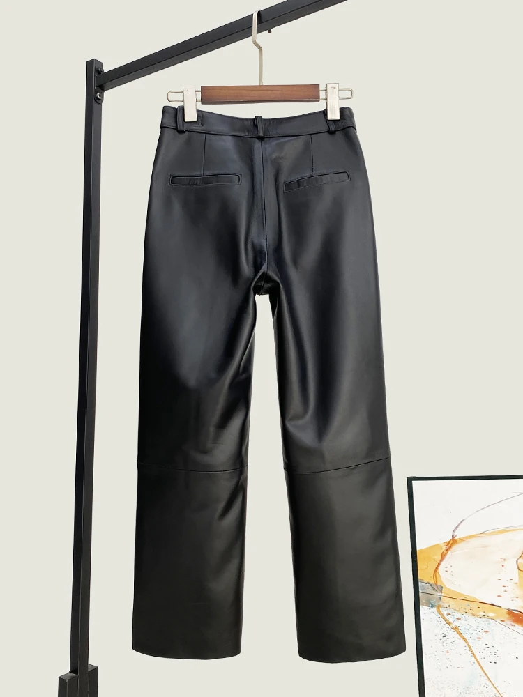 Winter New High Quality Genuine Real Leather Cropped Pants Women's Loose Waist Shorts Fashion All-Matching Straight-Leg Casual
